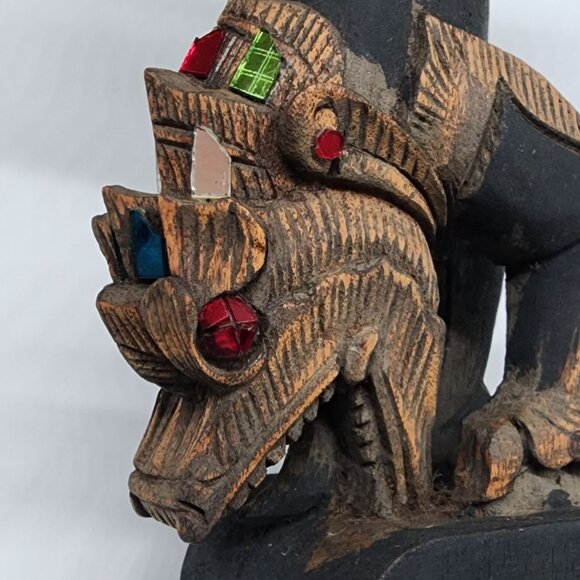 Vintage Hand Carved Wooden Dragon Figure With Colorful Gem Eyes & Accents Boho - Picture 9 of 10